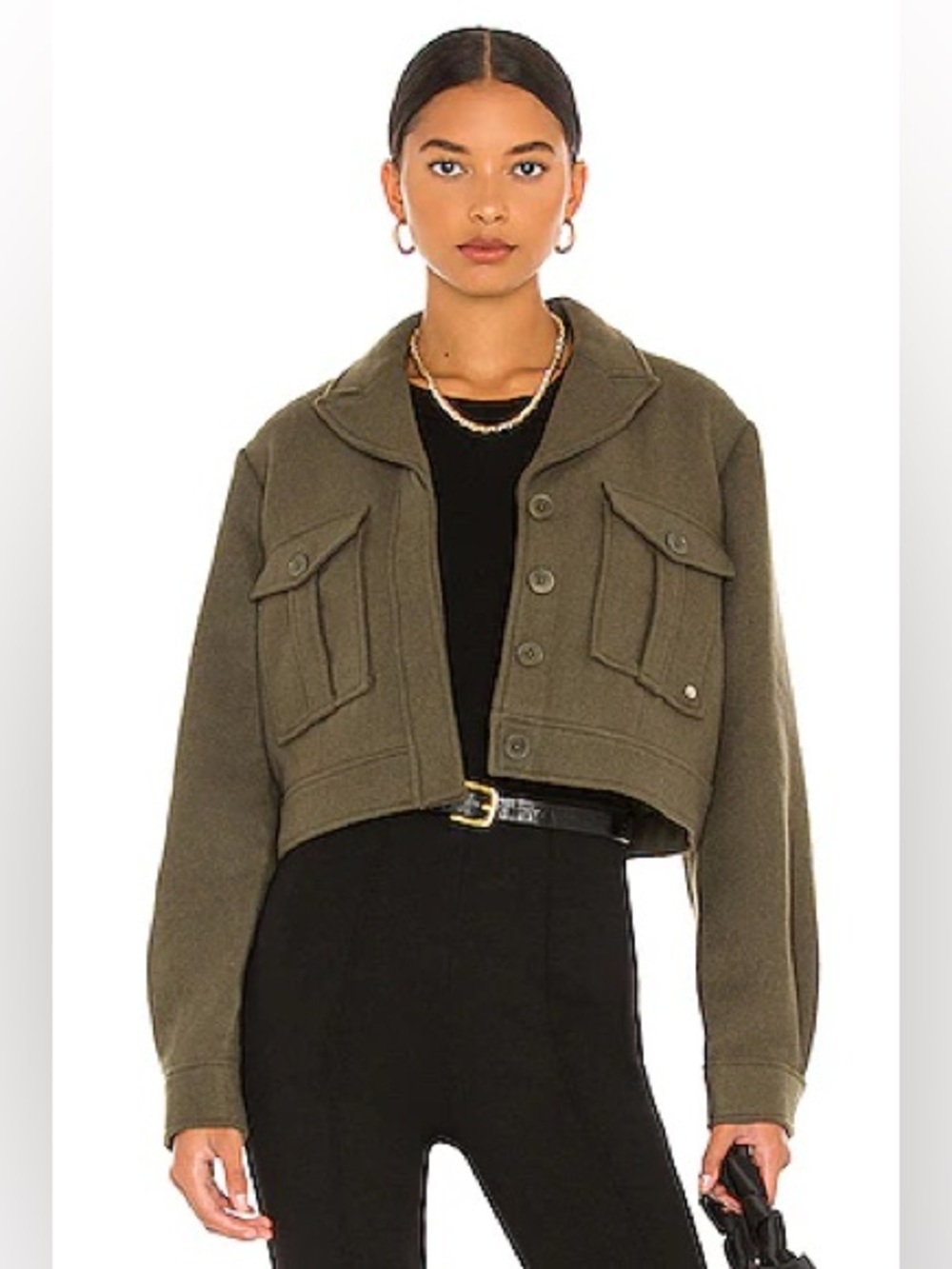 ANINE BING Dallas Cropped Military-Style Wool Blend Jacket in Olive